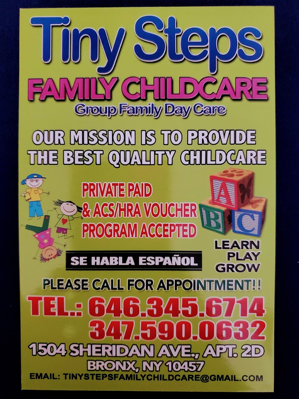 Tiny Steps Family Childcare LLC | 1504 Sheridan Ave apt 2d apt 2d, The Bronx, NY 10457 | Phone: (646) 345-6714