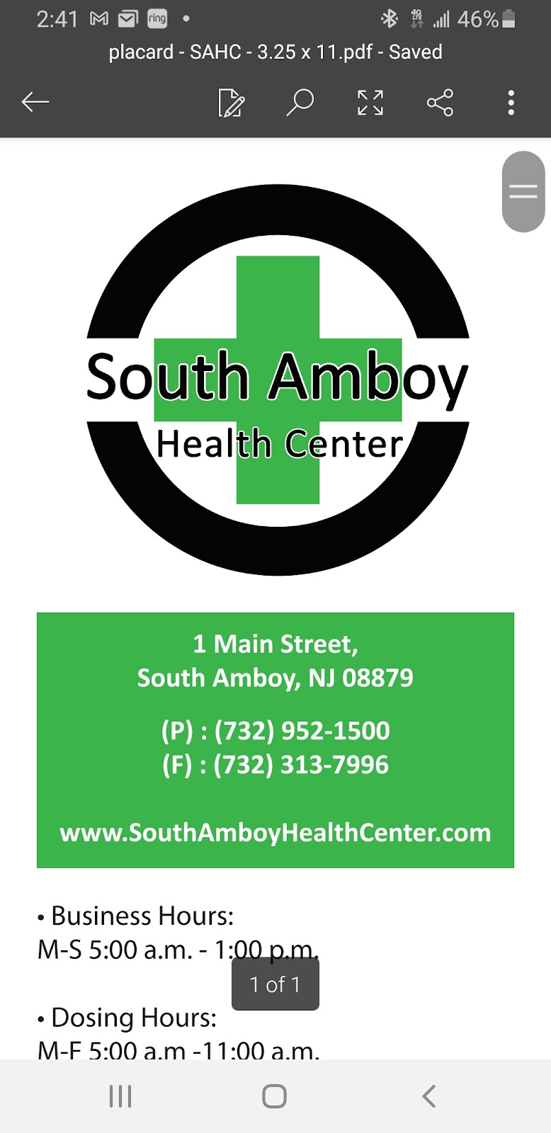 South Amboy Health Center | 1 Main St, South Amboy, NJ 08879 | Phone: (732) 952-1500