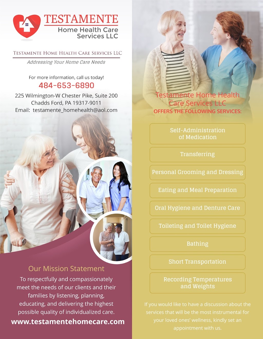 TESTAMENTE HOME HEALTH CARE SERVICES LLC | 225 Wilmington West Chester Pike #200, Chadds Ford, PA 19317 | Phone: (484) 653-6890