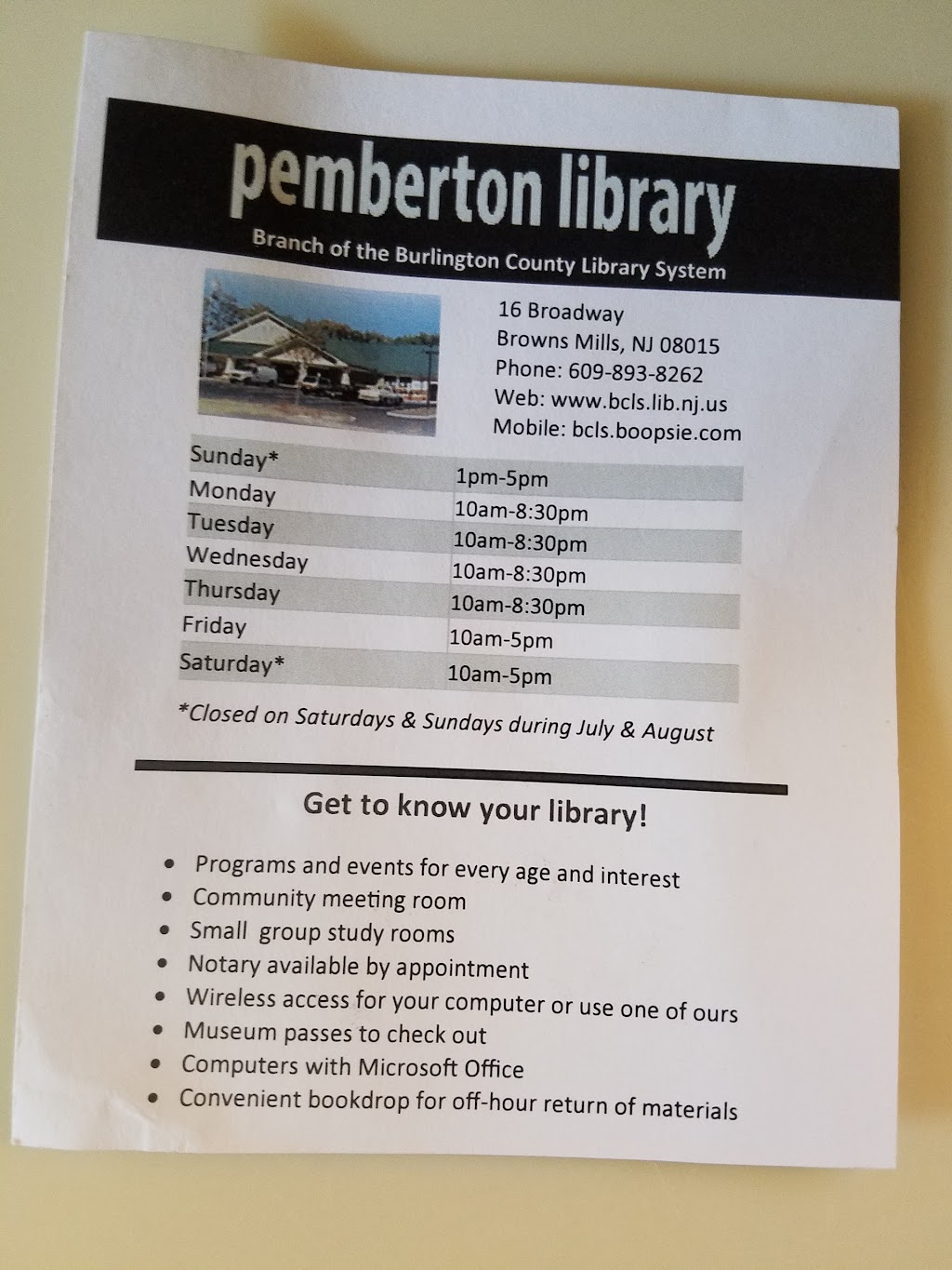 Pemberton Community Library | 16 Broadway St, Browns Mills, NJ 08015 | Phone: (609) 893-8262