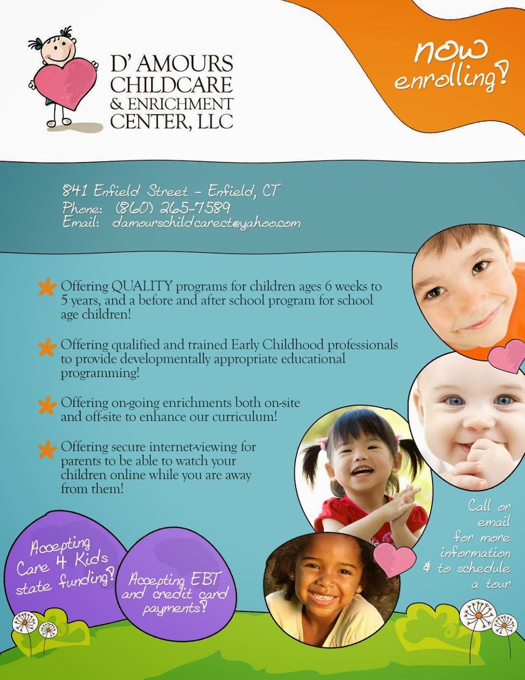 DAmours Child Care & Enrichment Center LLC | 5 Enfield Garden Dr, Enfield, CT 06082 | Phone: (860) 265-7589