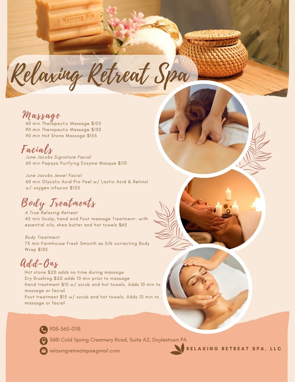 Relaxing Retreat Spa, LLC | 3681 Cold Spring Creamery Rd Suite A2, Doylestown, PA 18902 | Phone: (908) 565-0118