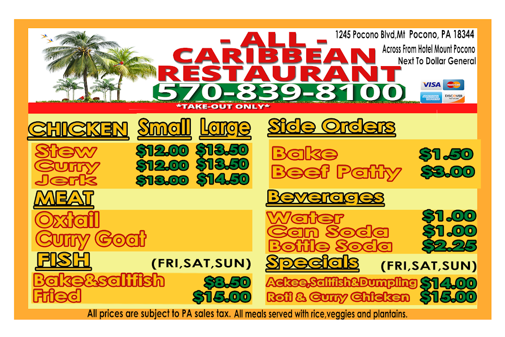 All Caribbean Restaurant | 1245 Pocono Blvd, Mt Pocono, PA 18344 | Phone: (570) 839-8100