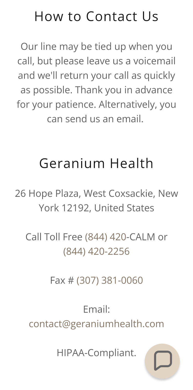 Geranium Health | 26 Hope Plaza, Coxsackie, NY 12192 | Phone: (844) 420-2256