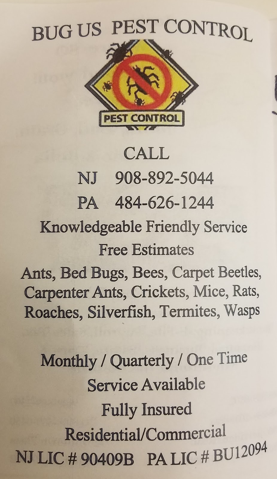 Bug Us Pest Control LLC | 21 Adams St #1313, Belvidere, NJ 07823 | Phone: (908) 892-5044