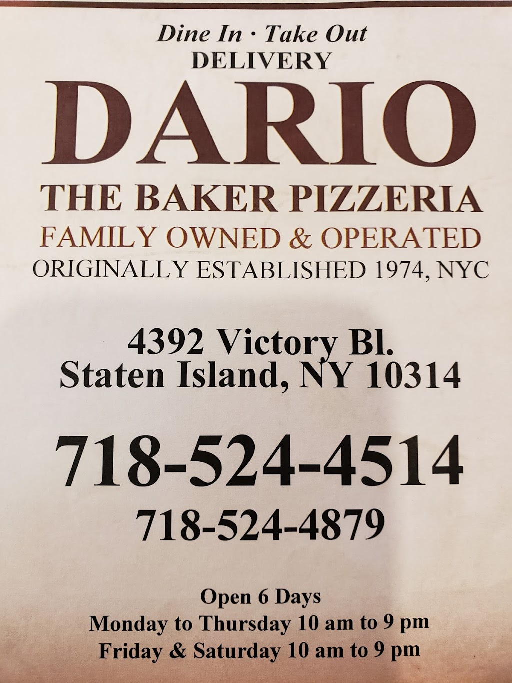 Dario The Baker Pizzeria | 4392 Victory Blvd, Staten Island, NY 10314 | Phone: (718) 524-4514
