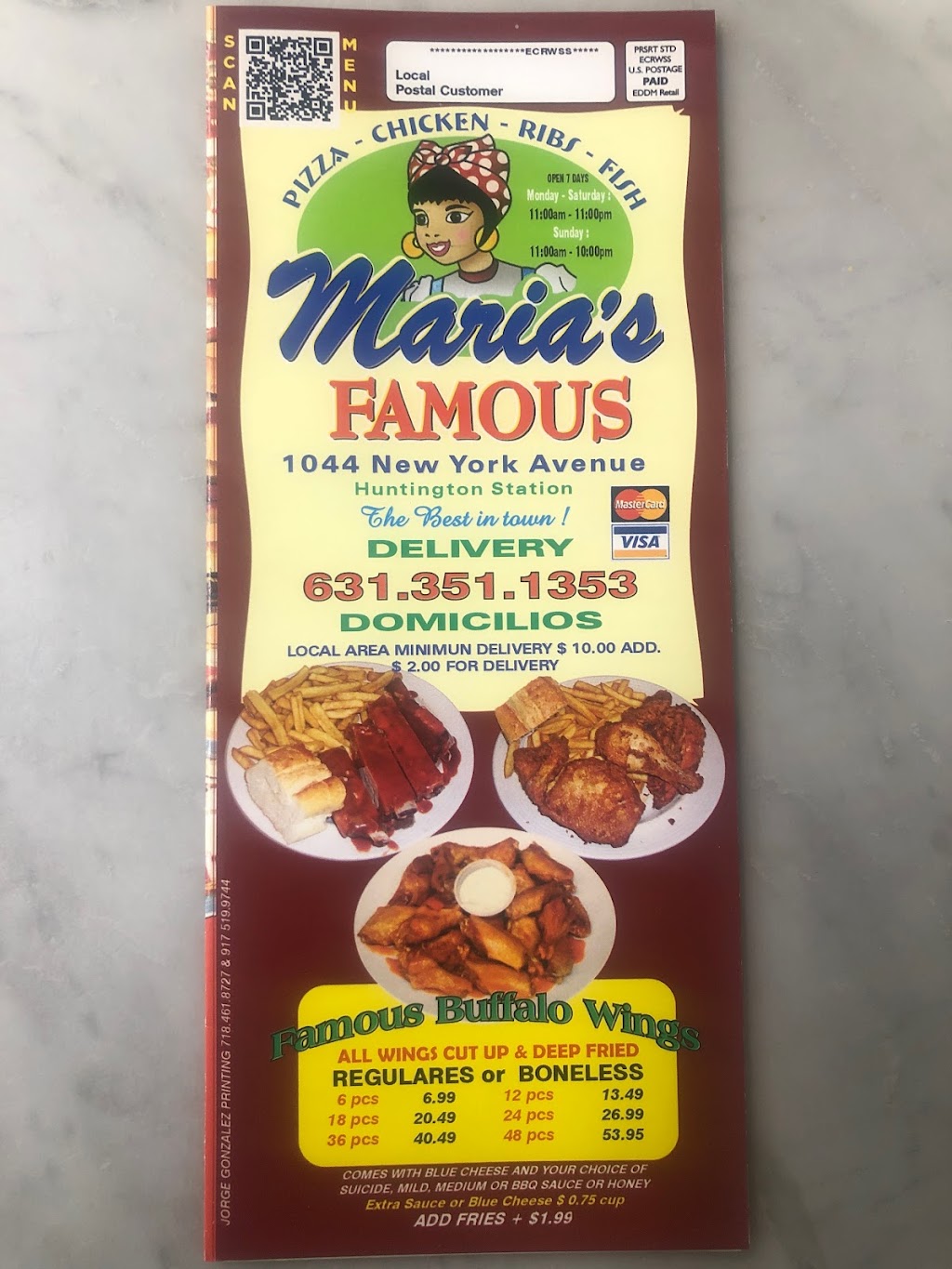 Marias Pizza Chicken & Ribs, Hot Wings | 1044 New York Ave C, Huntington Station, NY 11746 | Phone: (631) 351-1353