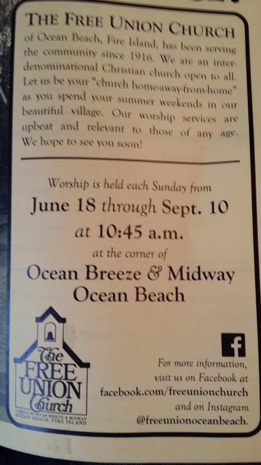Free Union Church | 751 Ocean Breeze Walk, Ocean Beach, NY 11770 | Phone: (631) 680-8074