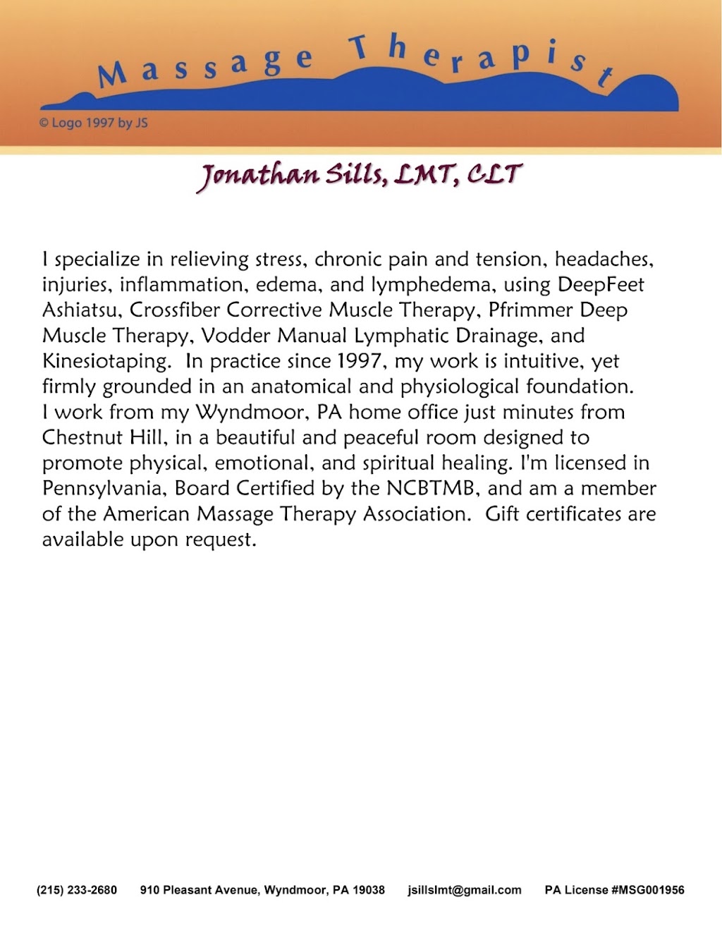 Jonathan Sills, Licensed Massage Therapist | 910 E Pleasant Ave, Wyndmoor, PA 19038 | Phone: (215) 896-8049