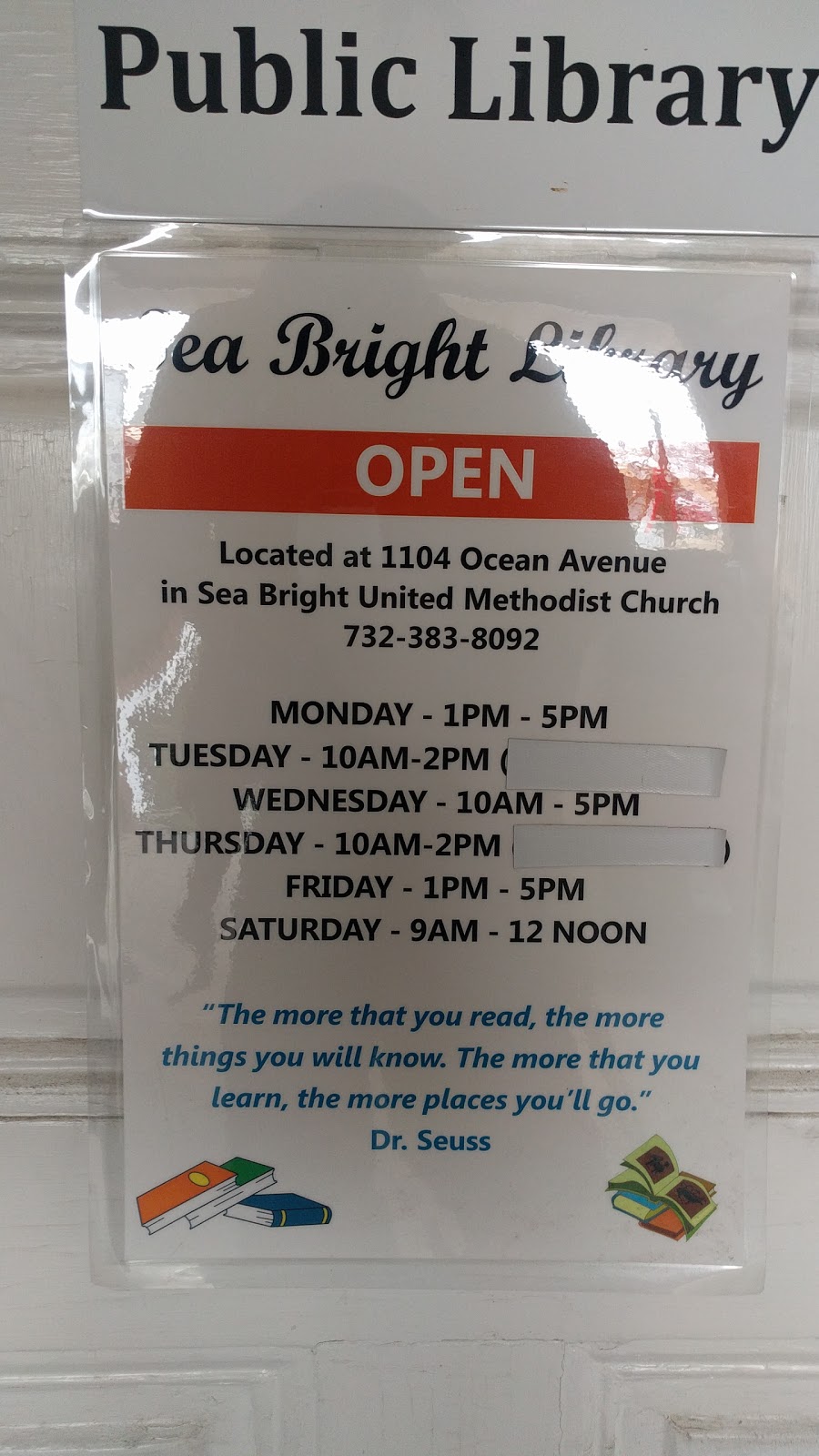 Sea Bright Library | 1097 Ocean Ave N, Sea Bright, NJ 07760 | Phone: (732) 383-8092