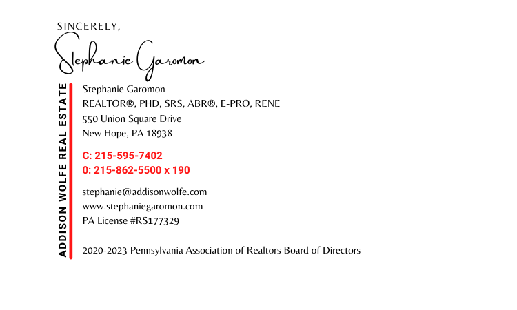 Stephanie Garomon, Realtor Addison Wolfe Real Estate | 550 Union Square Dr, New Hope, PA 18938 | Phone: (215) 595-7402