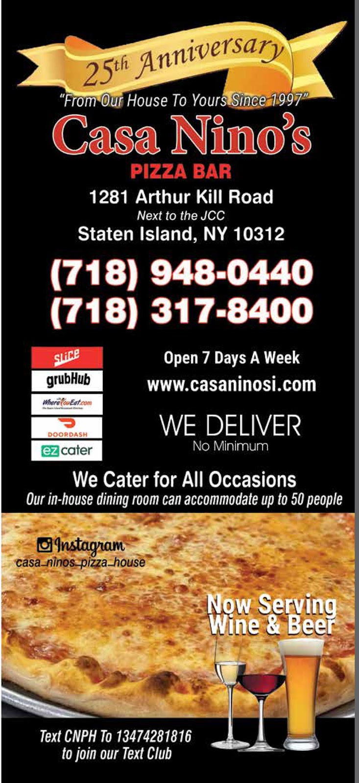 Casa Ninos Pizza Bar | 1281 Arthur Kill Rd, Staten Island, NY 10312 | Phone: (718) 948-0440