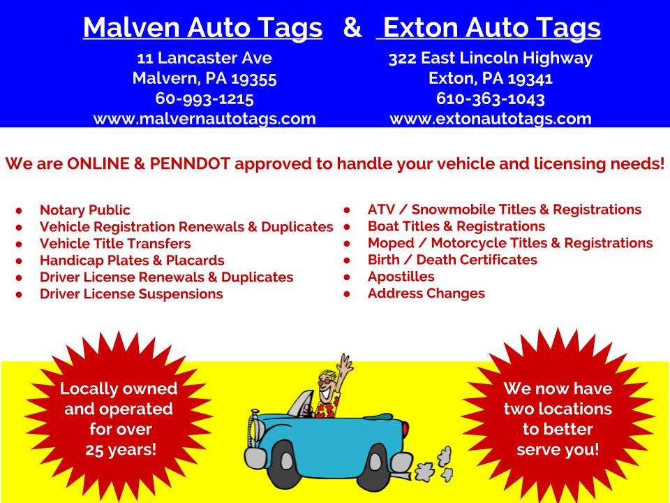 Malvern Auto Tags | 112 Lancaster Ave, Malvern, PA 19355 | Phone: (610) 993-1215