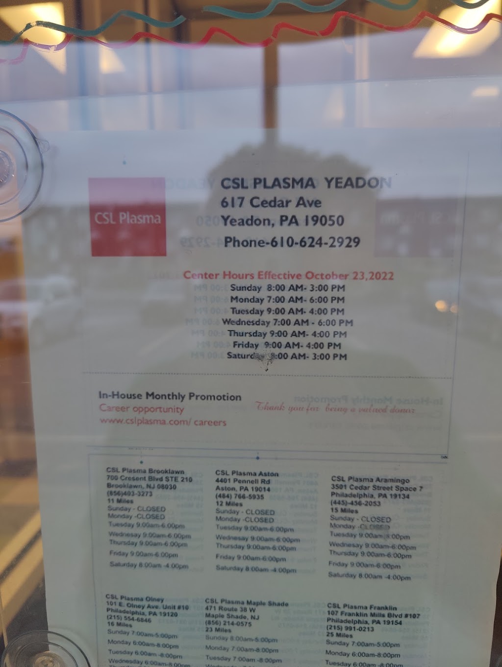 CSL Plasma | 617 Cedar Ave, Yeadon, PA 19050 | Phone: (610) 624-2929