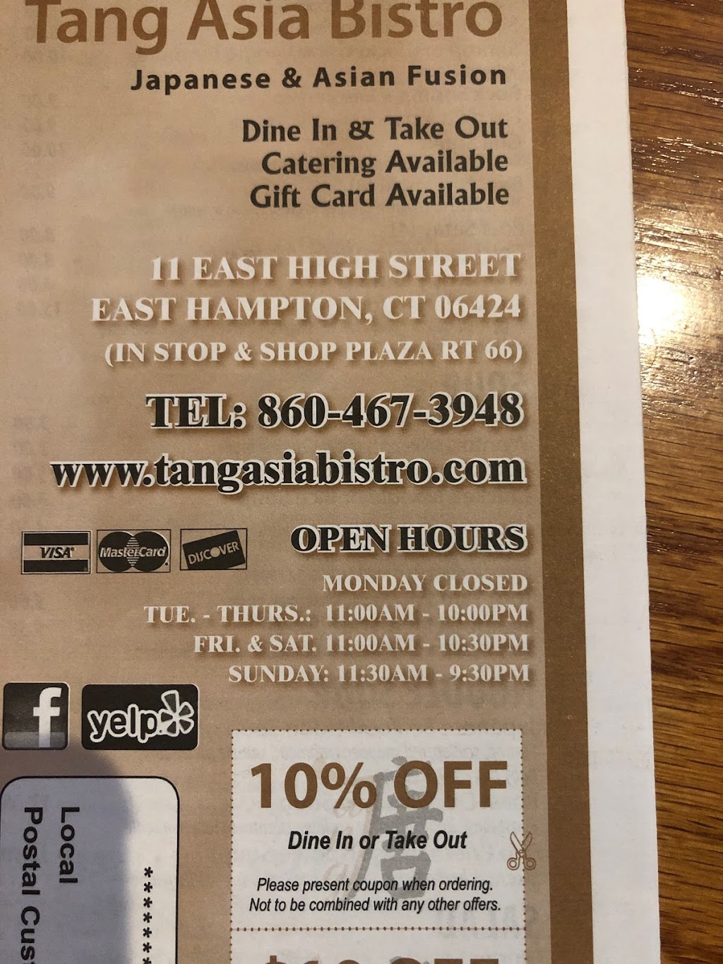 Tang Asia Bistro | 11 E High St, East Hampton, CT 06424 | Phone: (860) 467-3948