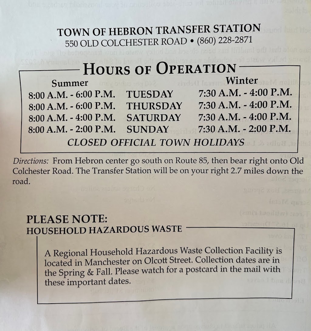Town of Hebron Transfer Station | 550 Old Colchester Rd, Amston, CT 06231 | Phone: (860) 228-2871