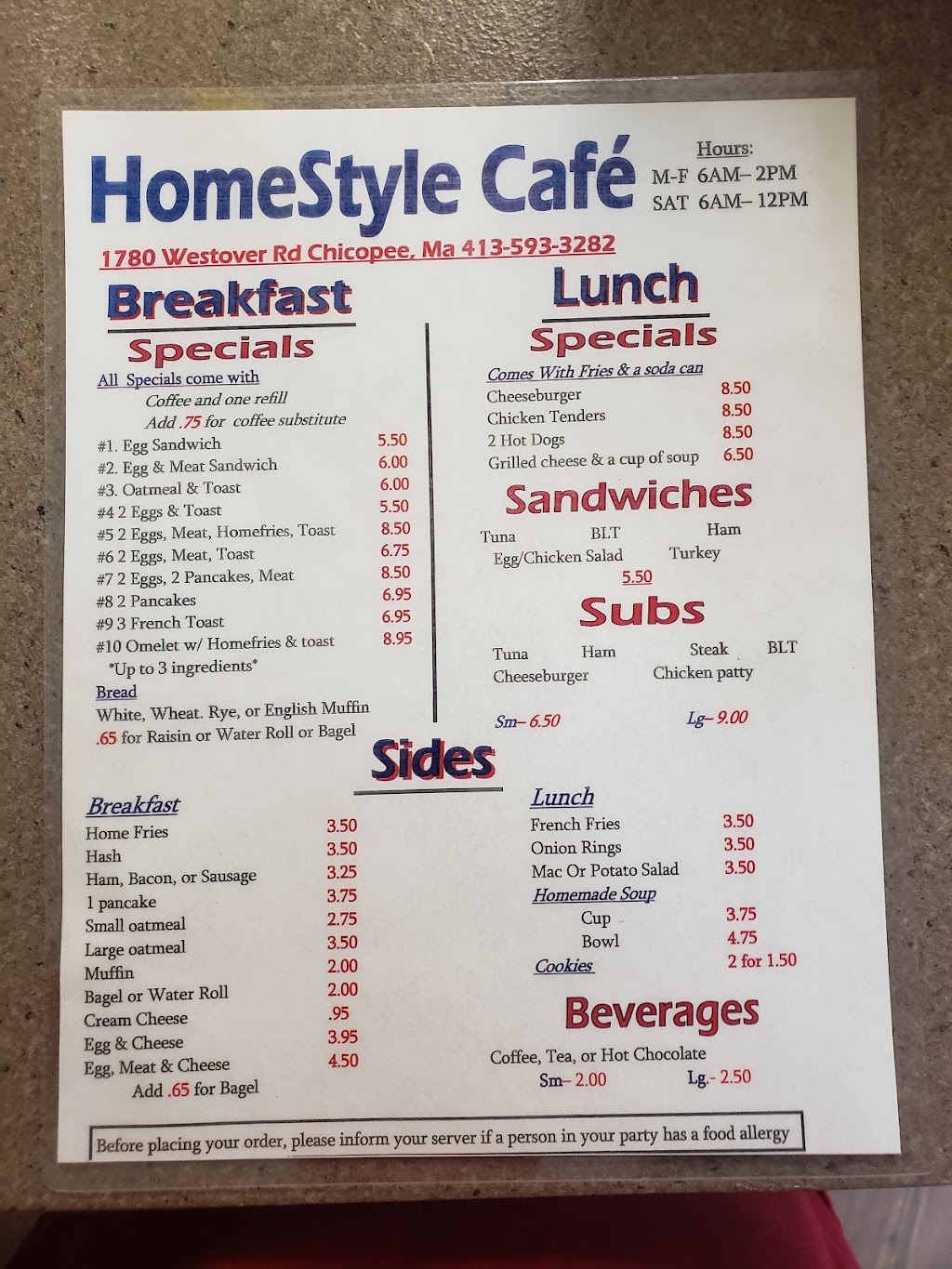 Homestyle Cafe | 1780 Westover Rd, Chicopee, MA 01020 | Phone: (413) 593-3282