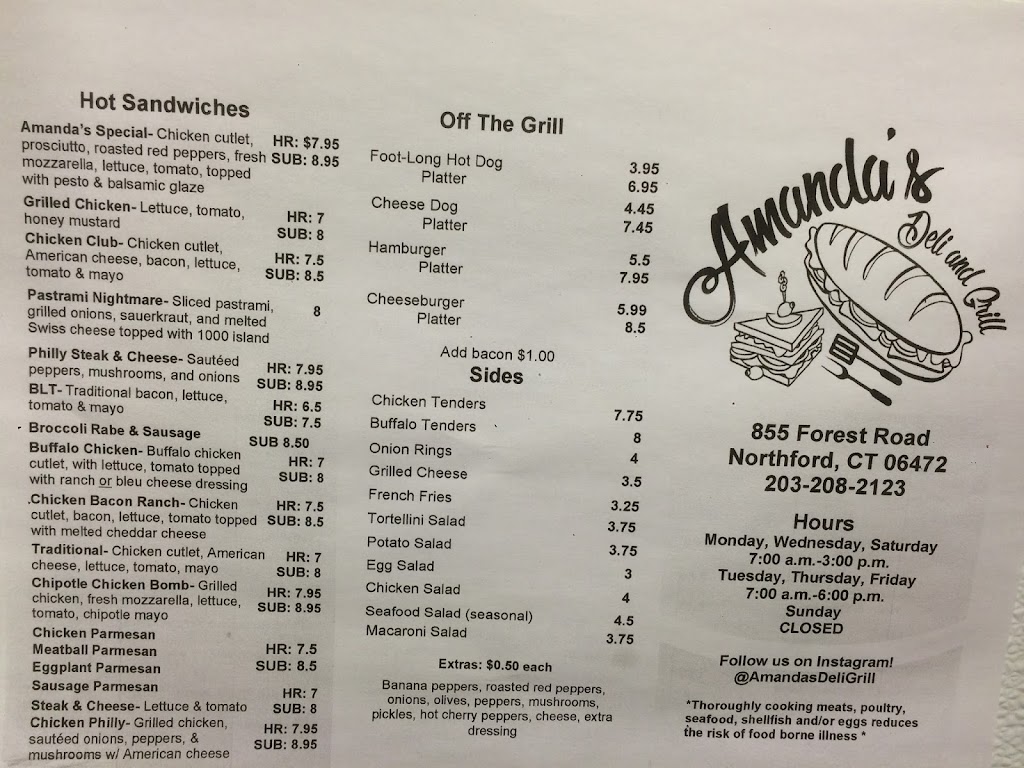 Amandas Deli And Grill | 855 Forest Rd, Northford, CT 06472 | Phone: (203) 208-2123