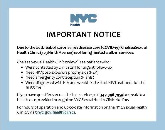 Chelsea Sexual Health Clinic | 303 9th Ave 1st floor, New York, NY 10001 | Phone: (347) 396-7959