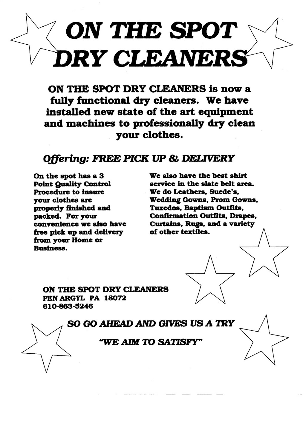 On the Spot Dry Cleaners | 229 S Robinson Ave, Pen Argyl, PA 18072 | Phone: (610) 863-5246