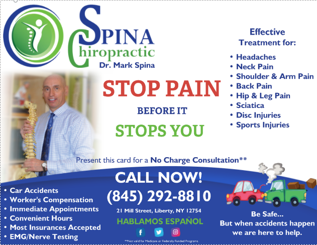 Spina Chiropractic Office: Dr. Mark Spina, DC | 21 Mill St, Liberty, NY 12754 | Phone: (845) 292-8810