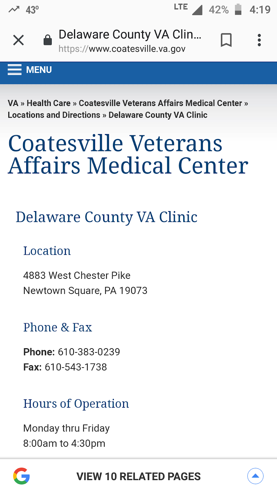 Delaware County VA Clinic | 4883 West Chester Pike, Newtown Square, PA 19073 | Phone: (610) 383-0239