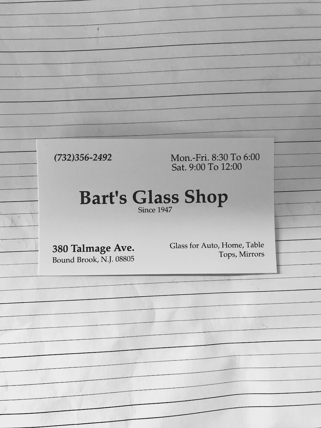 Barts Glass Shop | 380 Talmage Ave, Bound Brook, NJ 08805 | Phone: (732) 356-2492