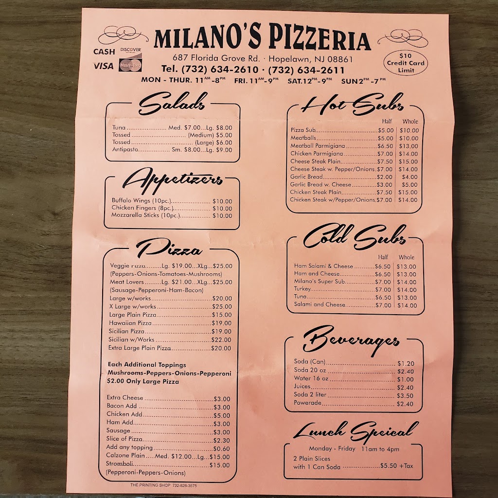 Milanos Pizzeria | 687 Florida Grove Rd, Perth Amboy, NJ 08861 | Phone: (732) 634-2610