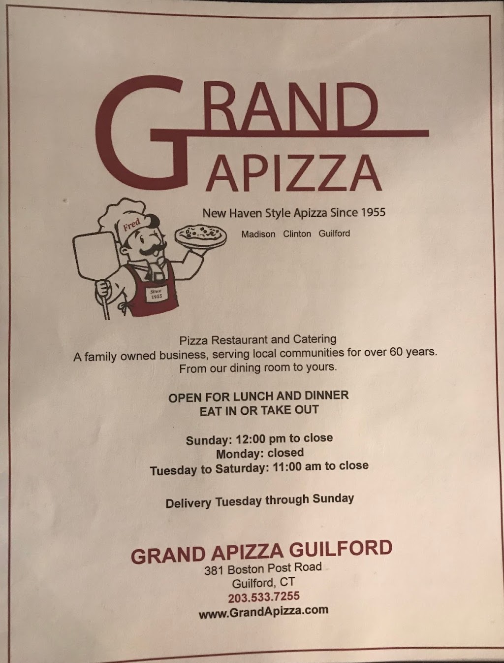 Grand Apizza of Guilford | 381 Boston Post Rd, Guilford, CT 06437 | Phone: (203) 533-7255
